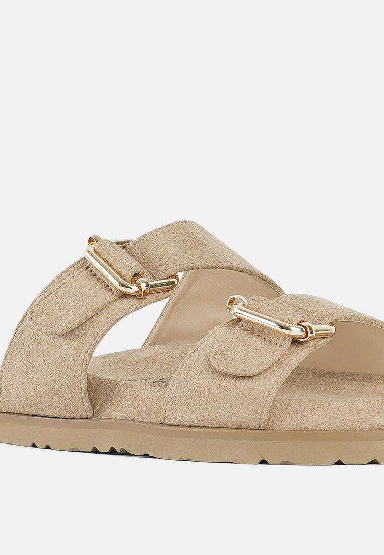women microfiber buckle detail sandals#color_beige