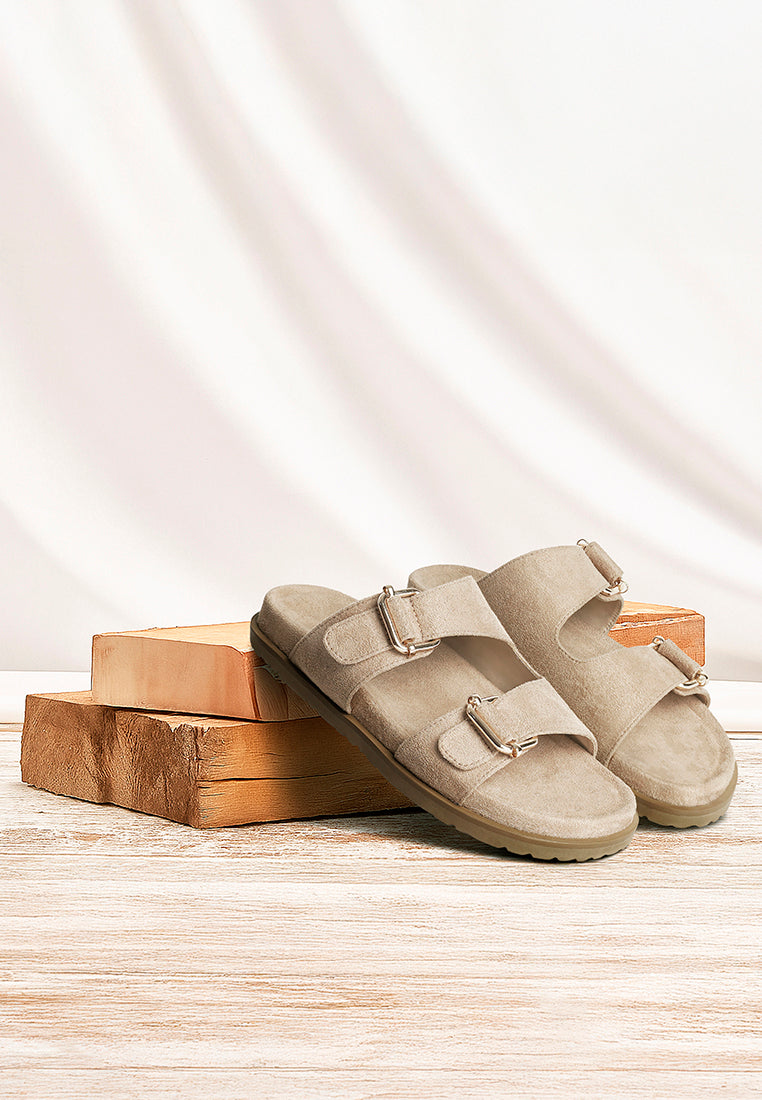 women microfiber buckle detail sandals#color_beige