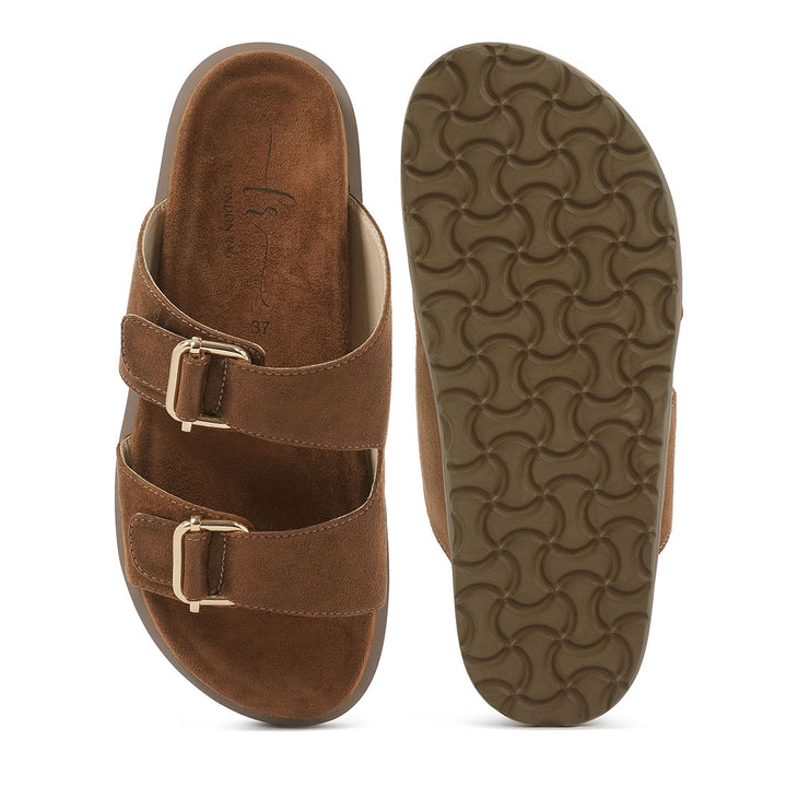 women microfiber buckle detail sandals#color_tan