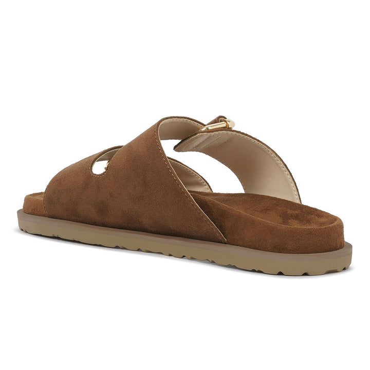 women microfiber buckle detail sandals#color_tan