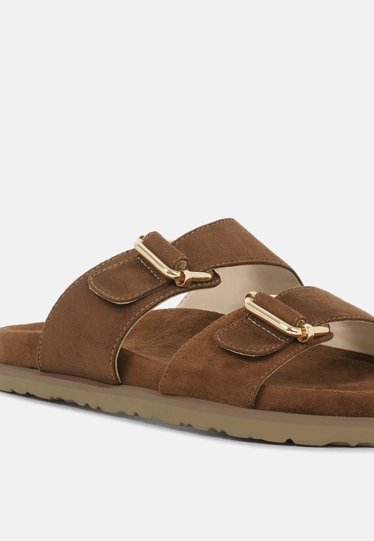 women microfiber buckle detail sandals#color_tan