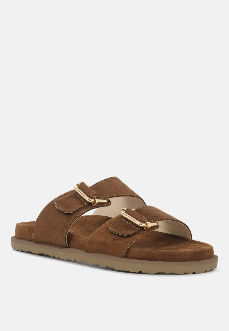 women microfiber buckle detail sandals#color_tan