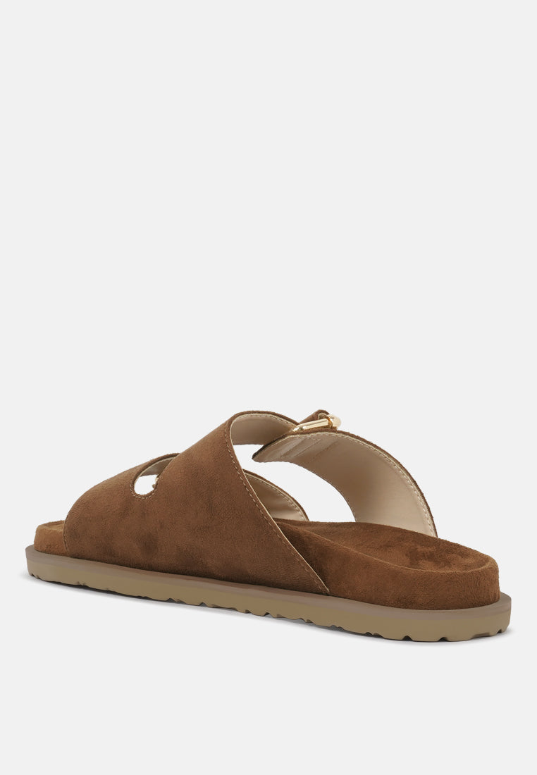 women microfiber buckle detail sandals#color_tan