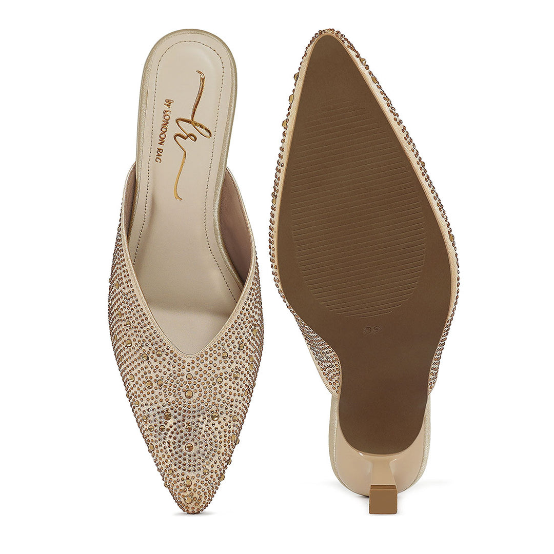 women rhinestone embellished party mules#color_gold