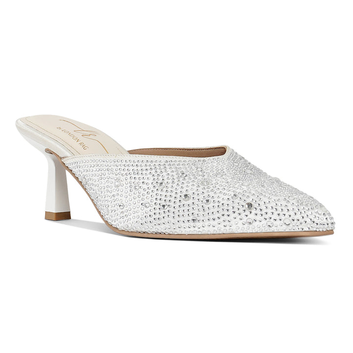 rhinestone embellished party mules#color_white