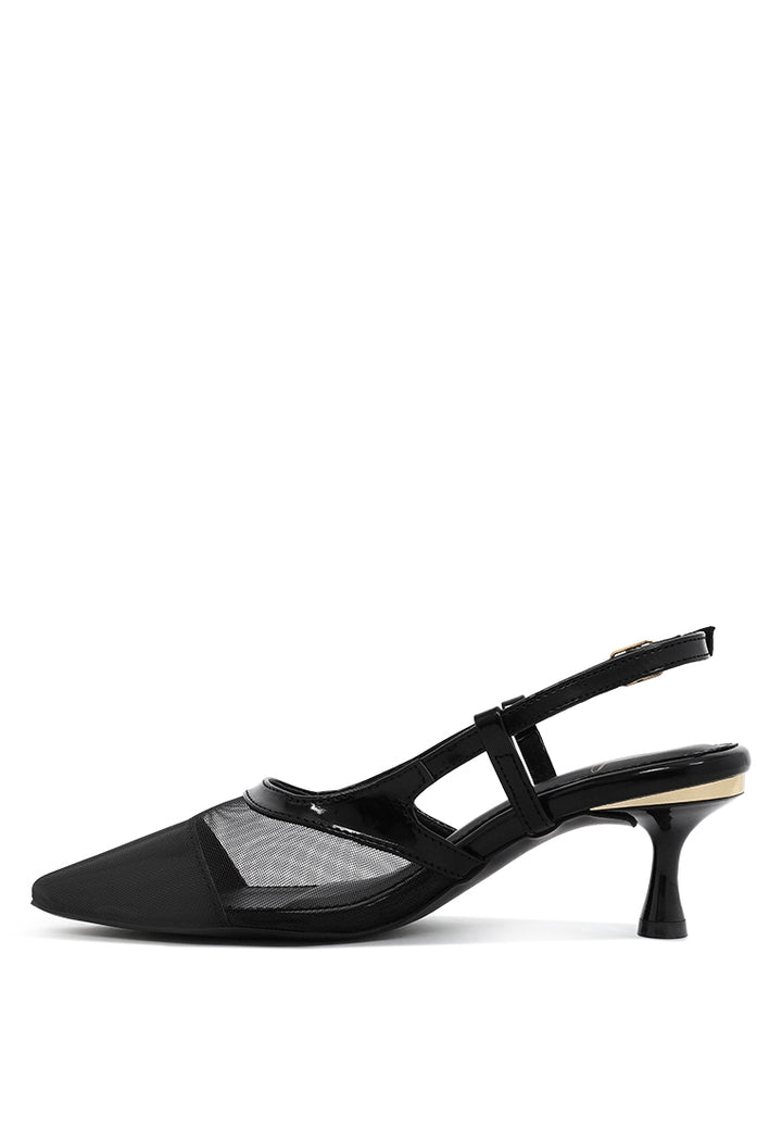women pointy toe kitten heel slingbacks#color_black