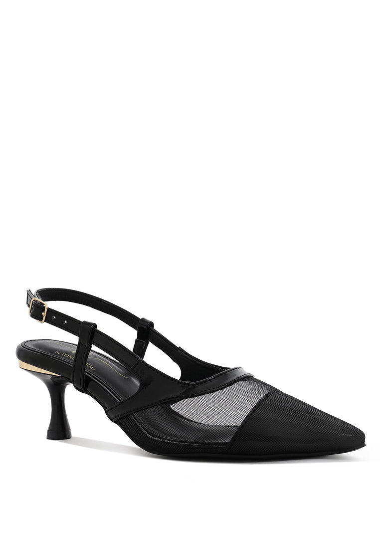 women pointy toe kitten heel slingbacks#color_black
