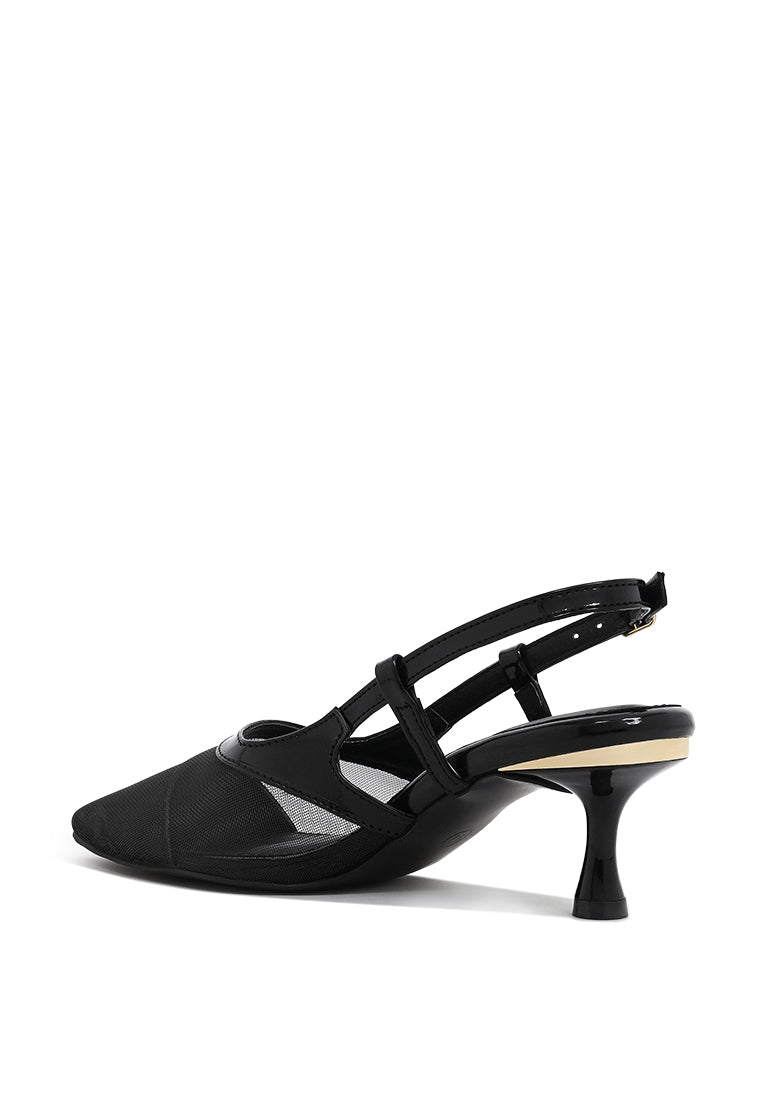 women pointy toe kitten heel slingbacks#color_black