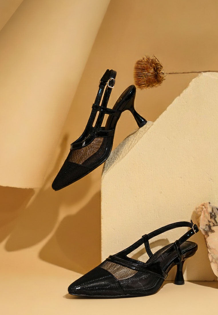 women pointy toe kitten heel slingbacks#color_black