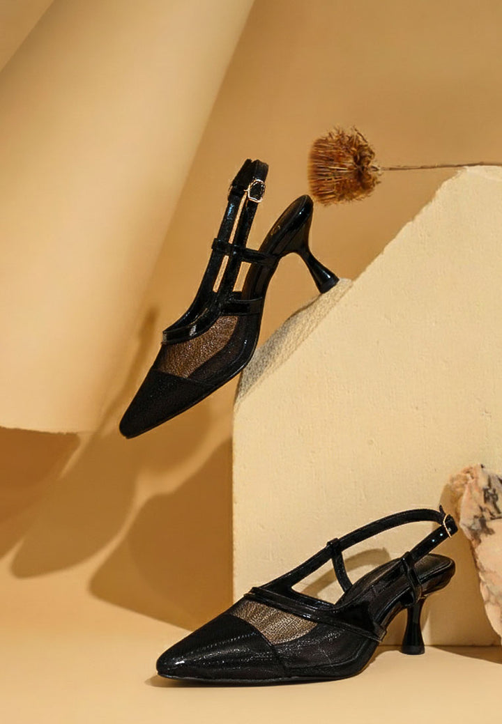 women pointy toe kitten heel slingbacks#color_black