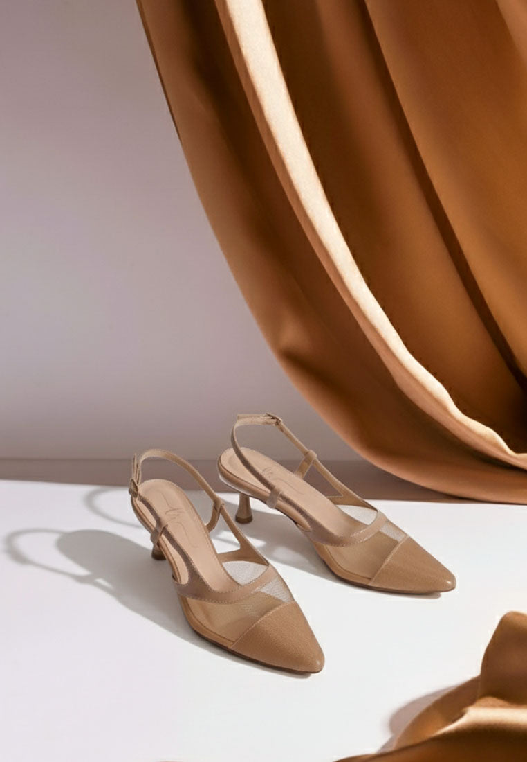 women pointy toe kitten heel slingbacks#color_taupe