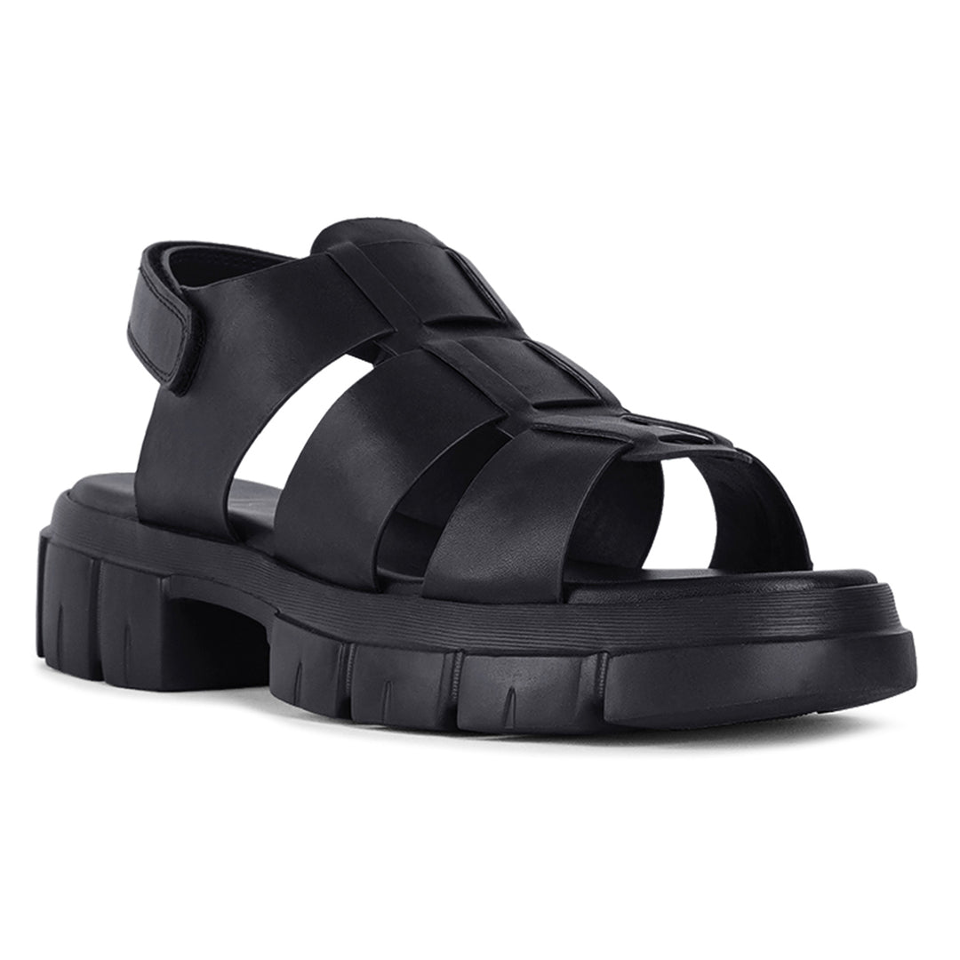 women faux leather strappy sandals#color_black