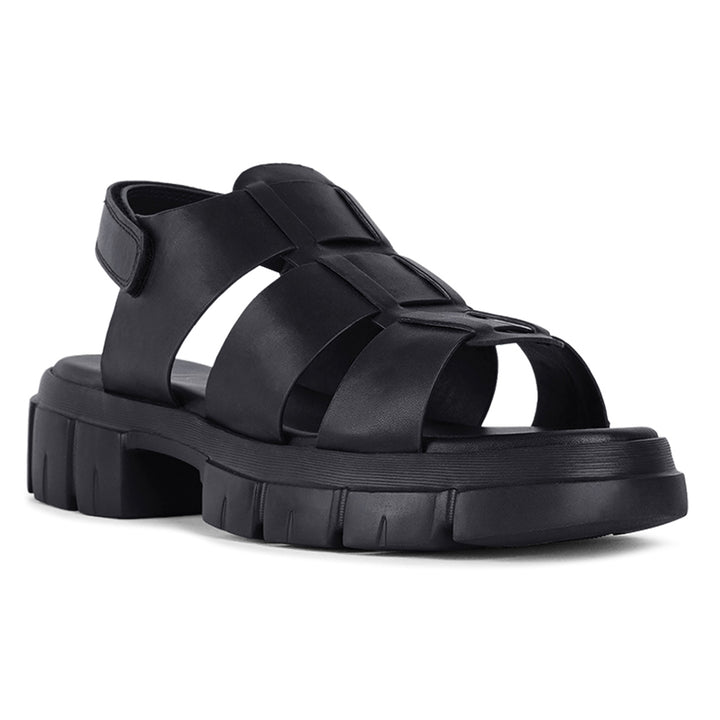 women faux leather strappy sandals#color_black