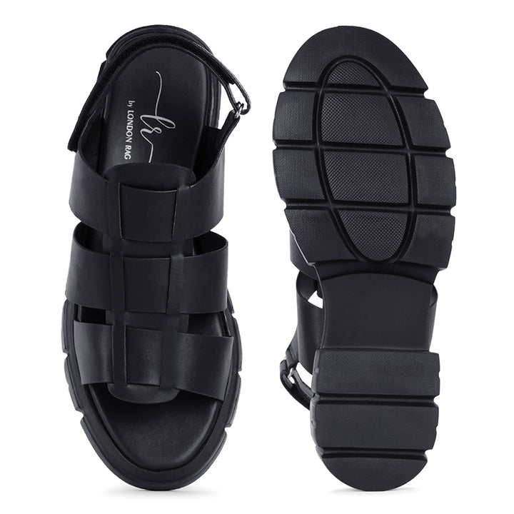 women faux leather strappy sandals#color_black