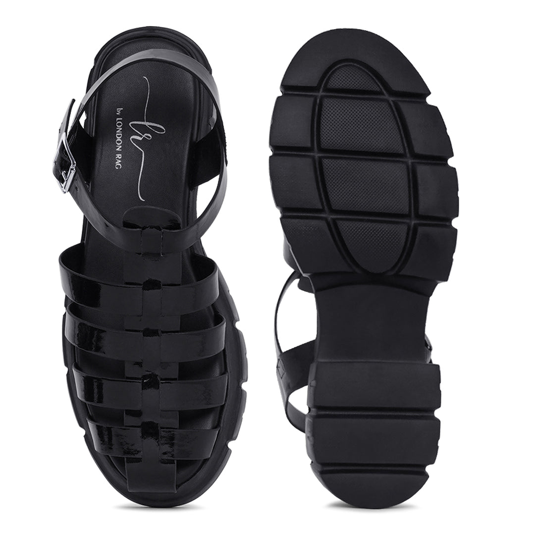 women round toe strappy flatforms#color_black