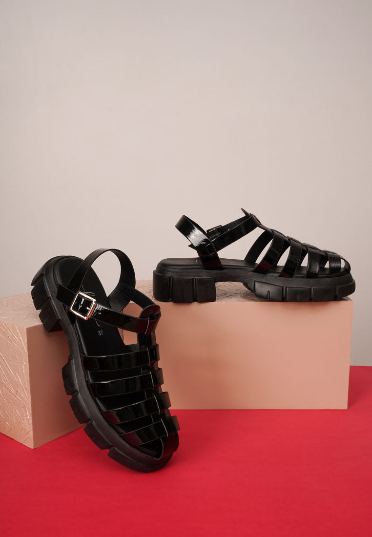 women round toe strappy flatforms#color_black