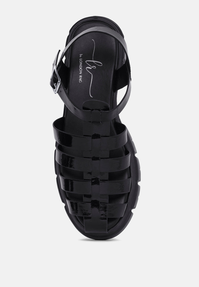 women round toe strappy flatforms#color_black