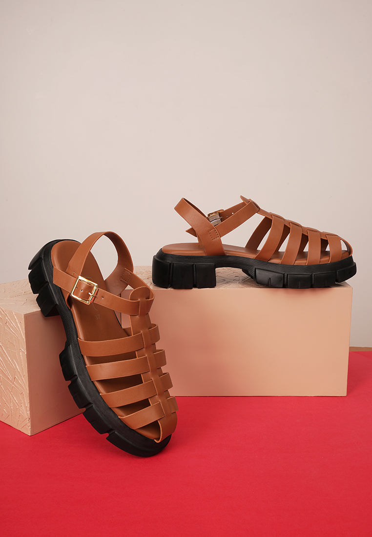 women round toe strappy flatforms#color_tan