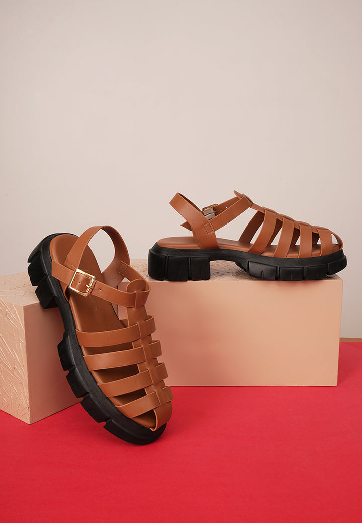women round toe strappy flatforms#color_tan