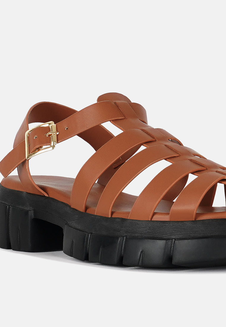 women round toe strappy flatforms#color_tan