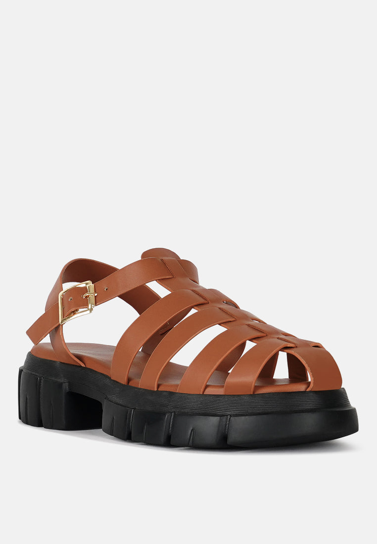 women round toe strappy flatforms#color_tan