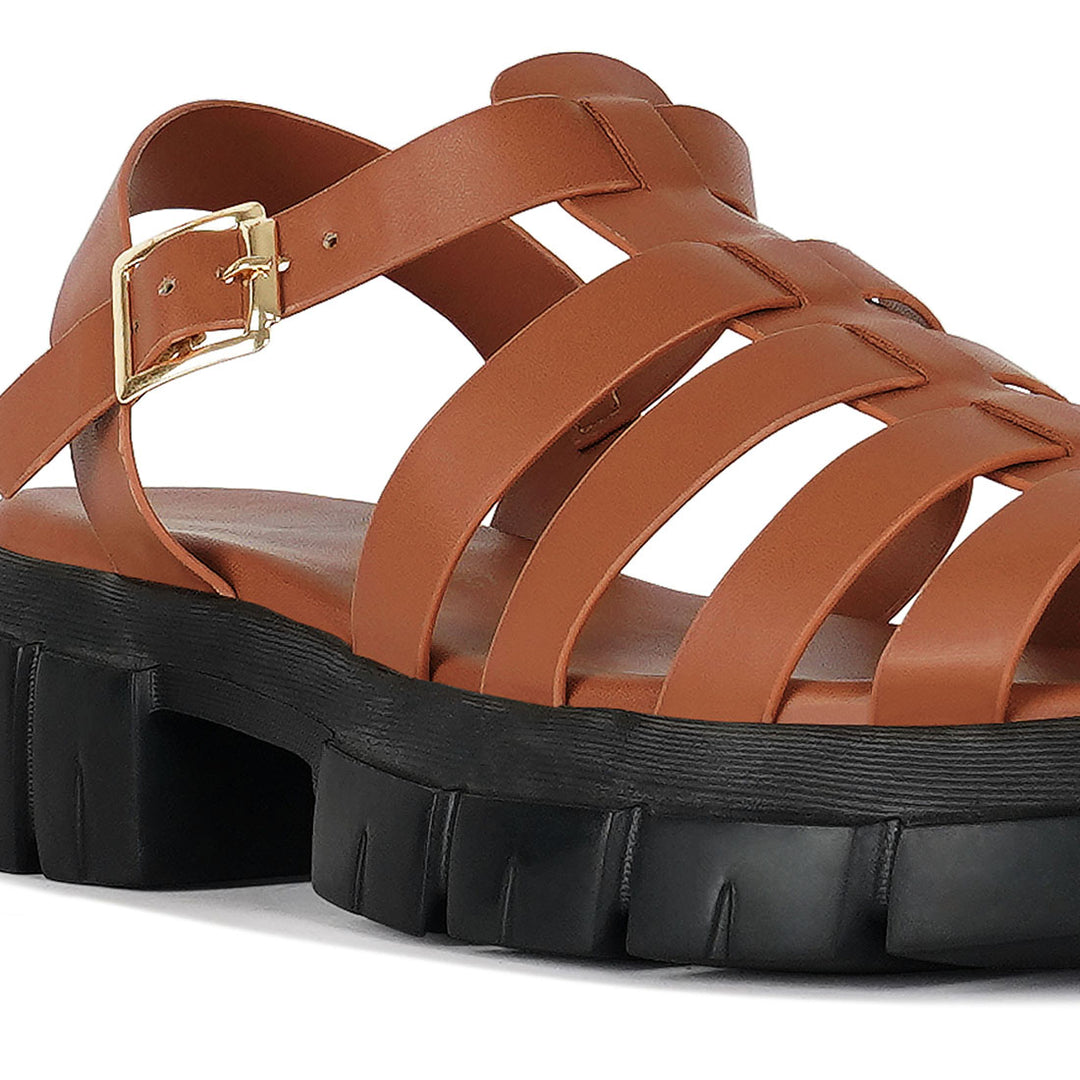 women round toe strappy flatforms#color_tan