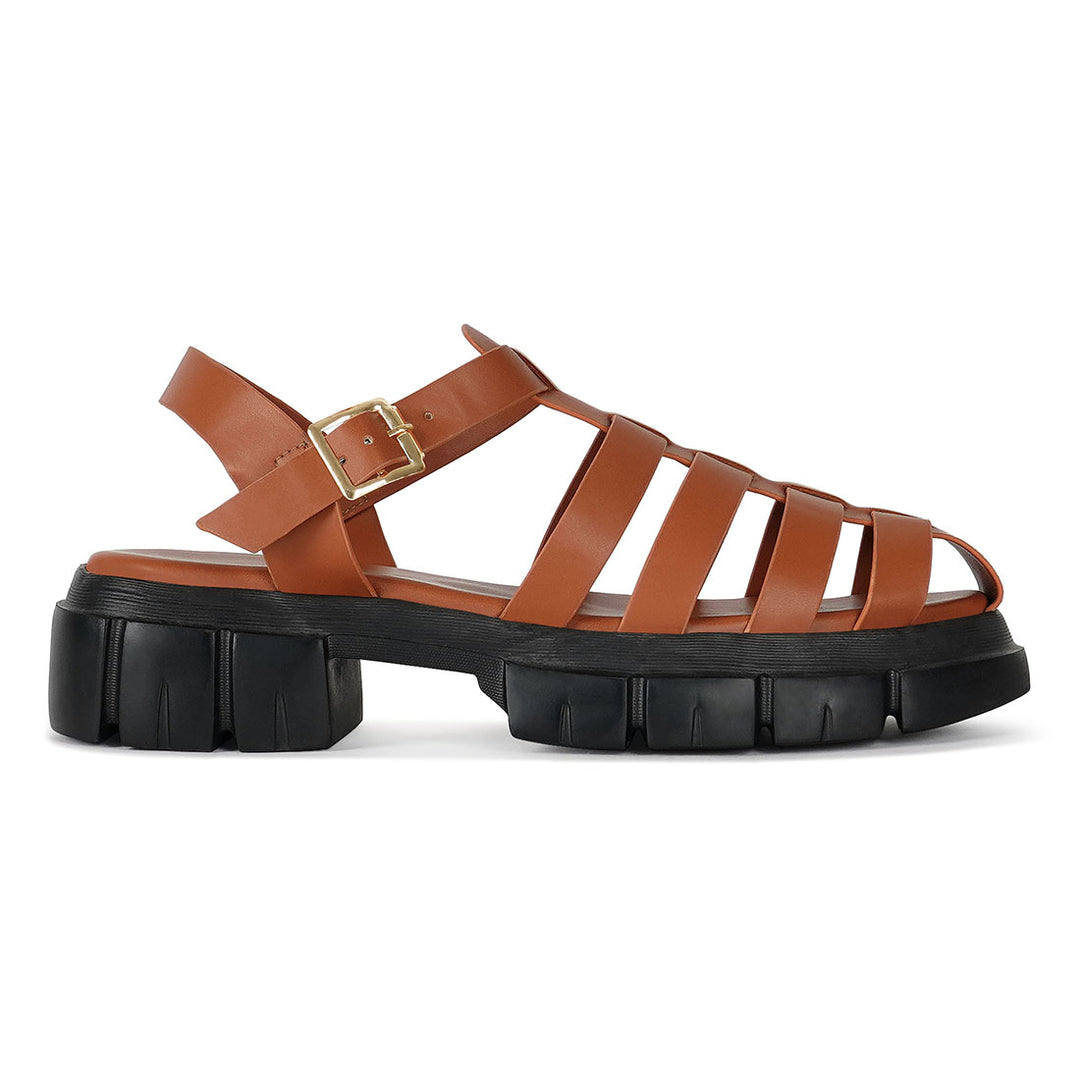 women round toe strappy flatforms#color_tan