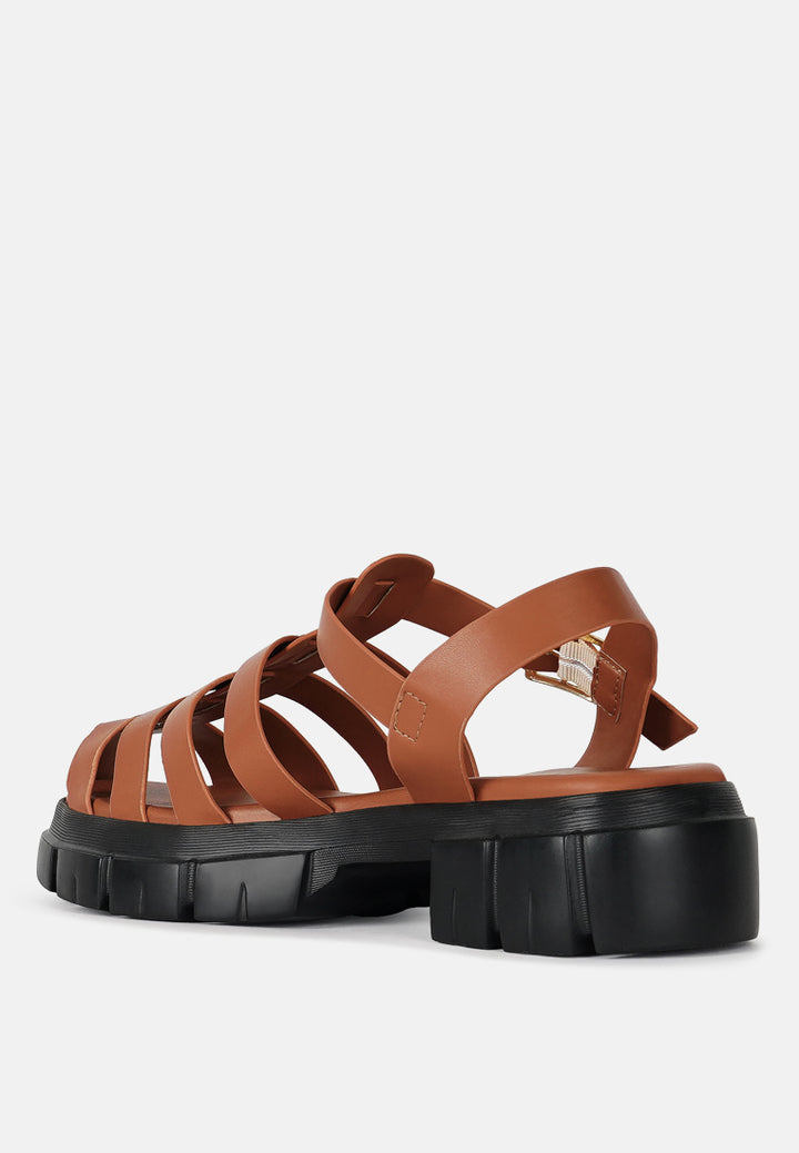 women round toe strappy flatforms#color_tan