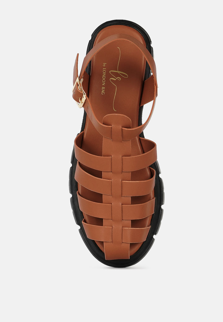 women round toe strappy flatforms#color_tan