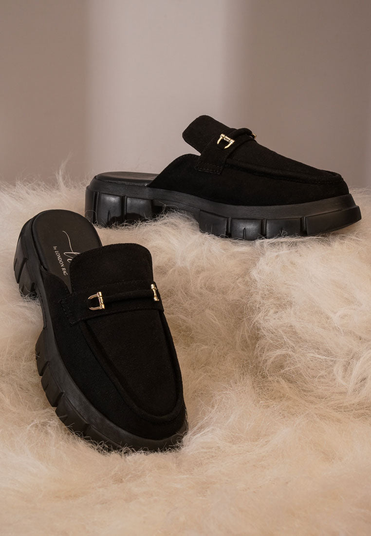 women microfiber penny strap mules#color_black