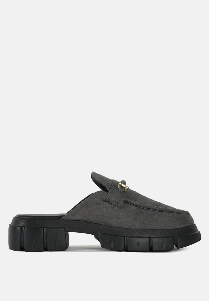 women microfiber penny strap mules#color_grey