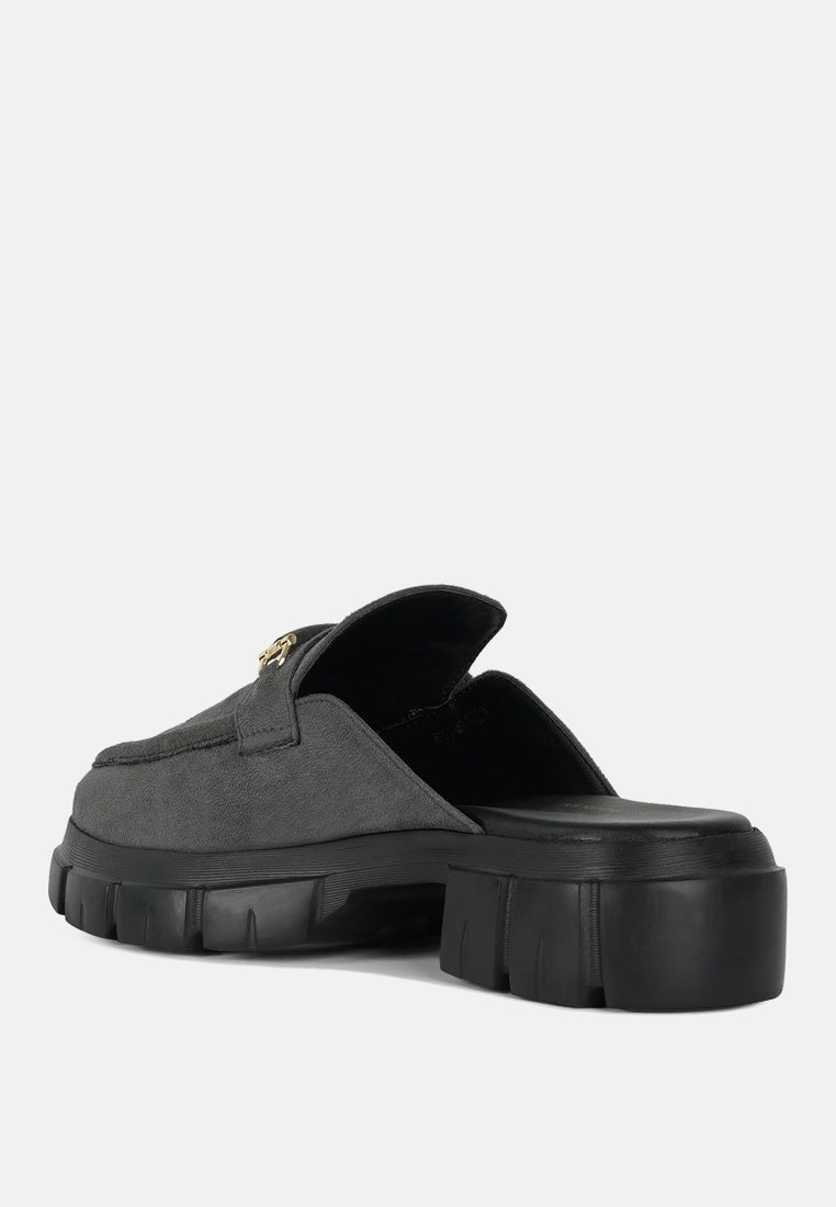 women microfiber penny strap mules#color_grey