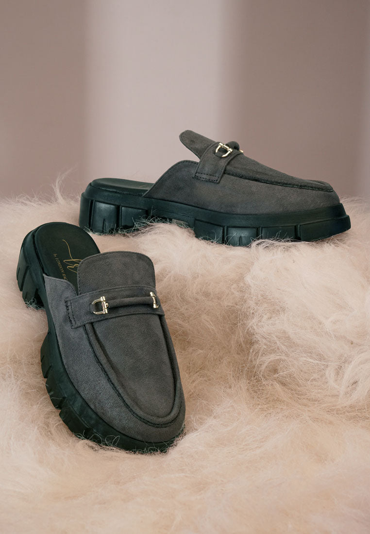 women microfiber penny strap mules#color_grey