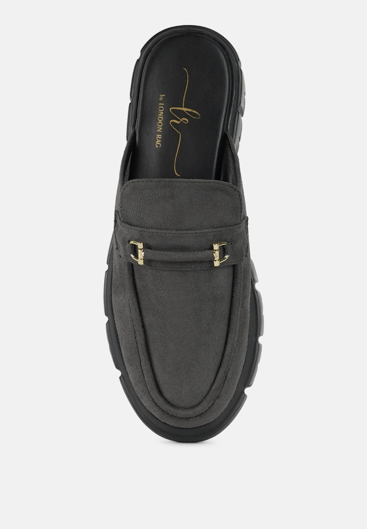 women microfiber penny strap mules#color_grey