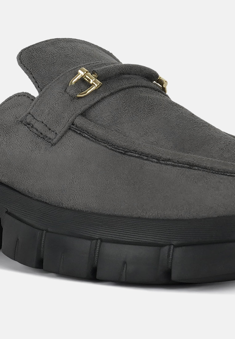 women microfiber penny strap mules#color_grey