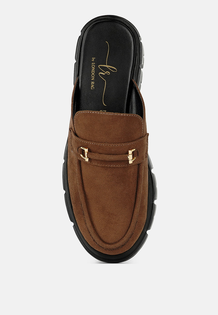 women microfiber penny strap mules#color_tan