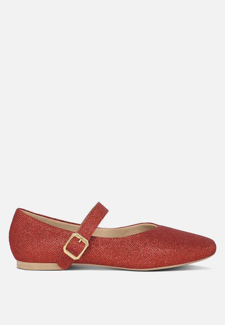 women pin buckle glitter flat ballerina#color_red