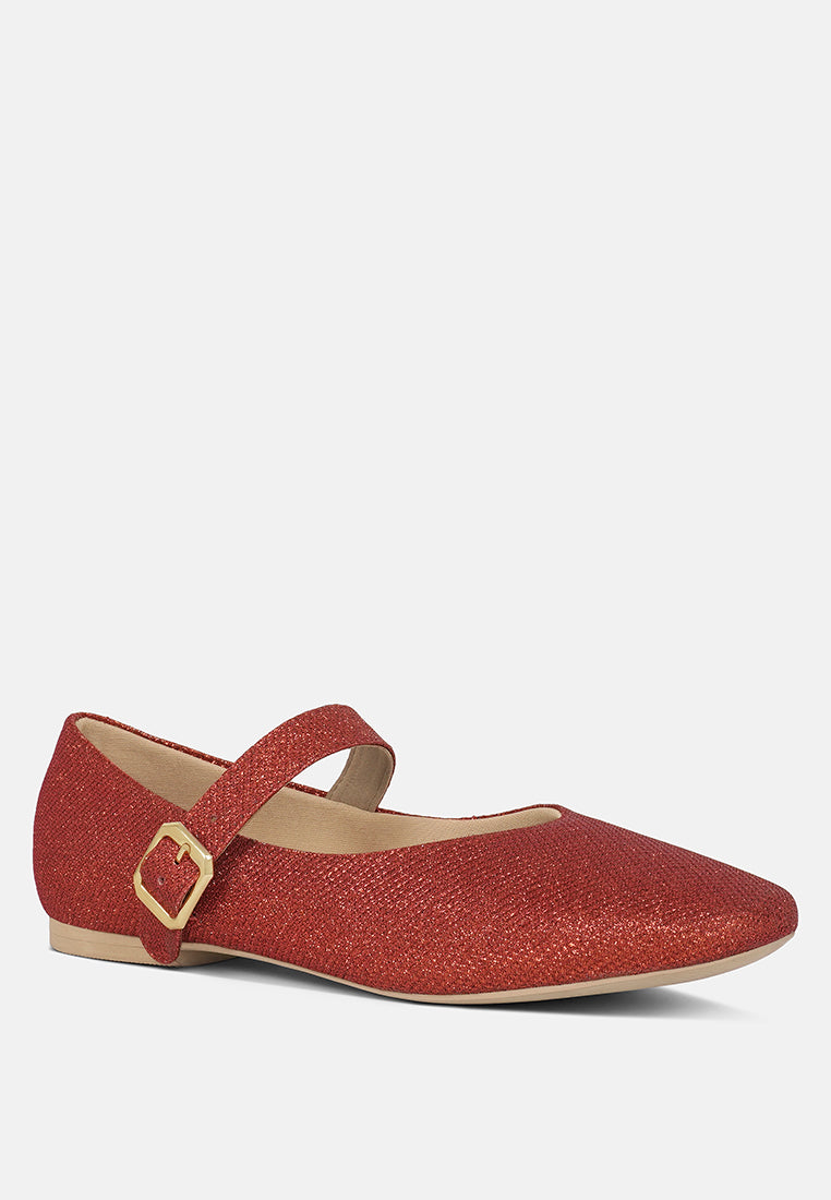 women pin buckle glitter flat ballerina#color_red