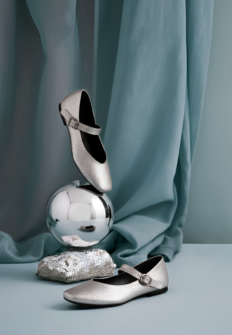 women pin buckle glitter flat ballerina#color_silver
