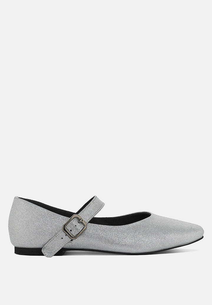 women pin buckle glitter flat ballerina#color_silver