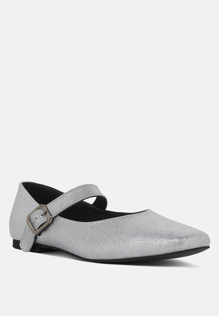 women pin buckle glitter flat ballerina#color_silver
