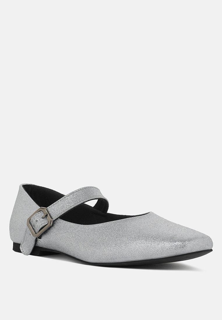 women pin buckle glitter flat ballerina#color_silver