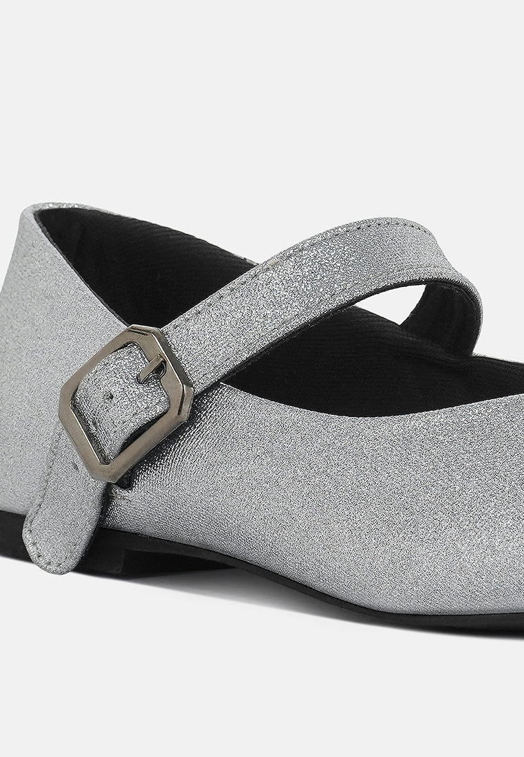 women pin buckle glitter flat ballerina#color_silver