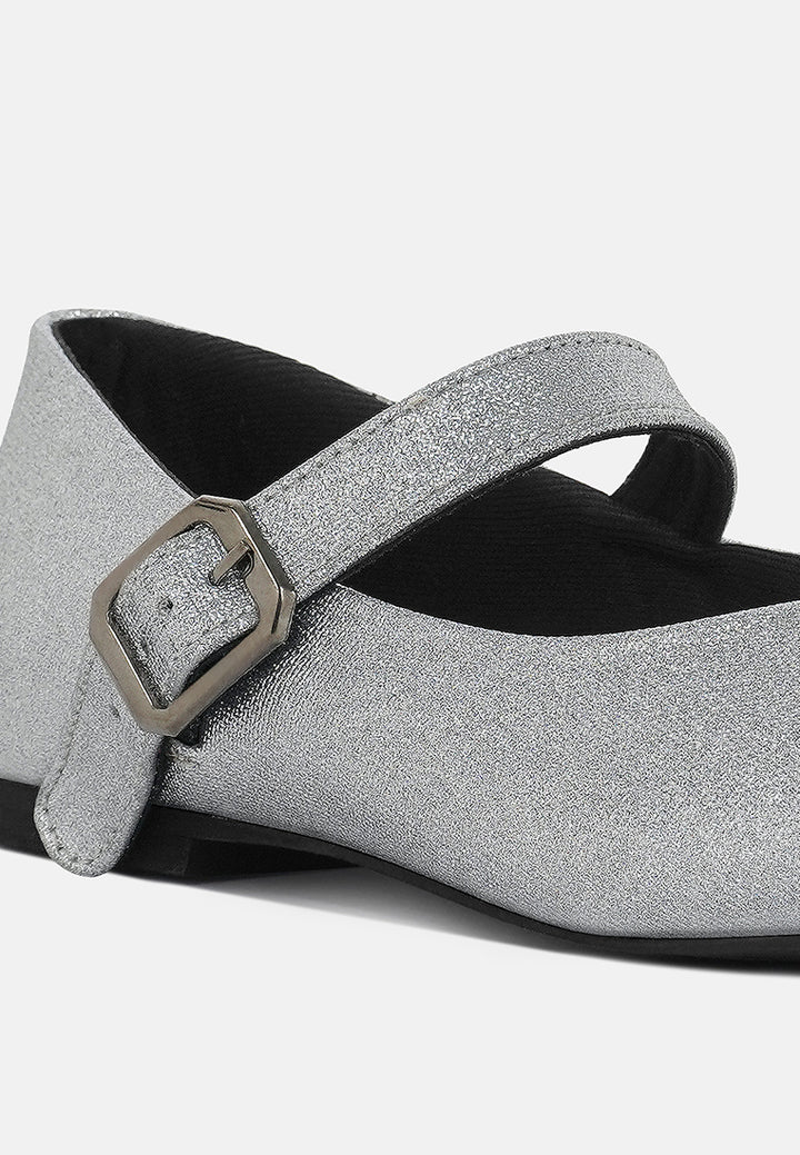 women pin buckle glitter flat ballerina#color_silver