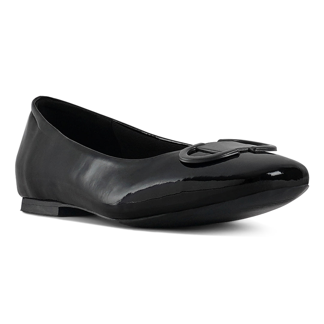 london rag women glossy faux leather horsebit ballerinas#color_black