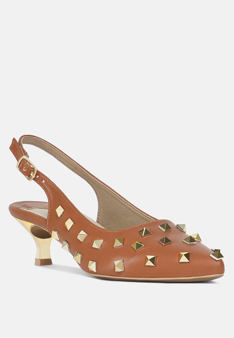 women gold accent studded sandals#color_tan