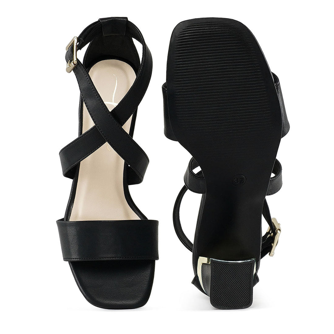 women square toe strappy block heels#color_black