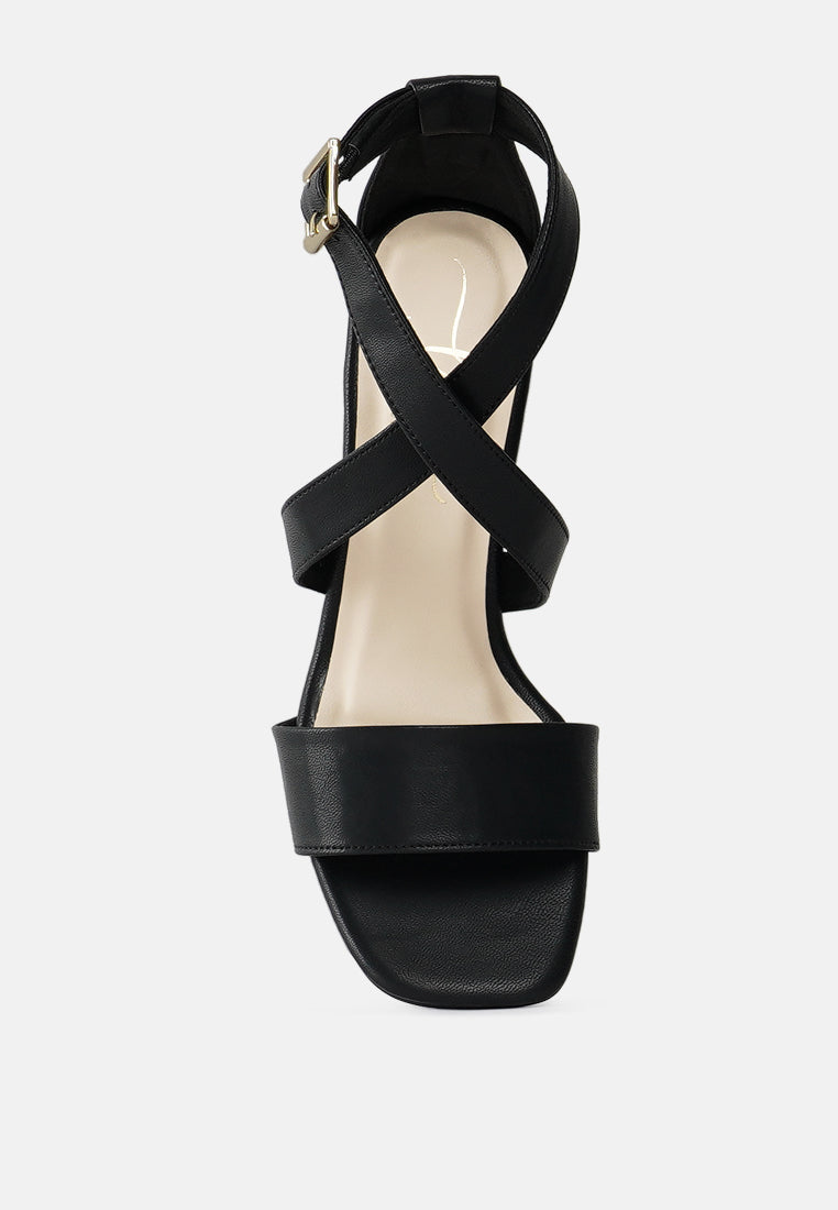 women square toe strappy block heels#color_black