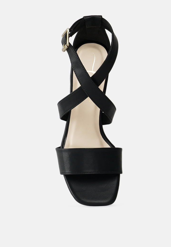 women square toe strappy block heels#color_black