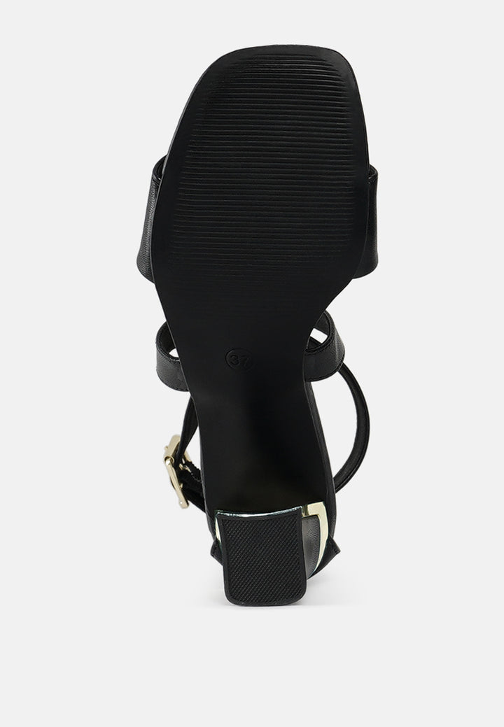 women square toe strappy block heels#color_black